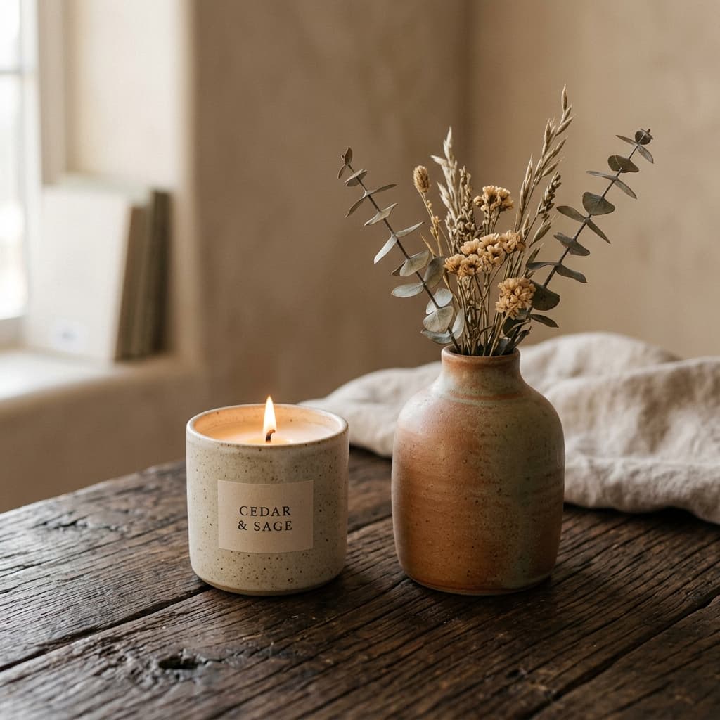 Handcrafted candle and ceramic vase on a rustic table